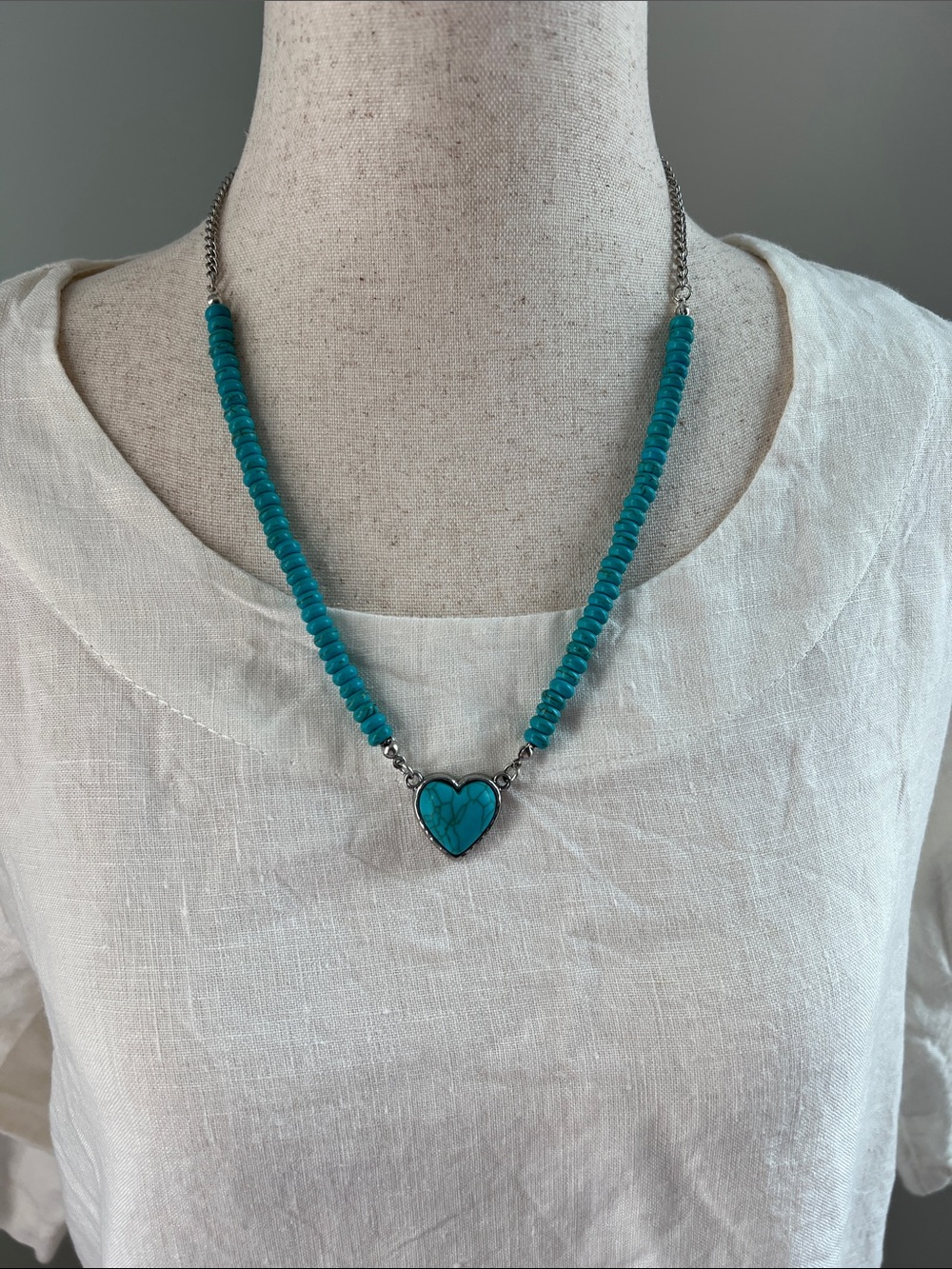 Turquoise Heart Bead 10” Necklace with Turquoise Heart Pendant